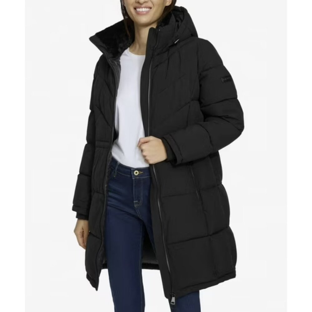 DKNY Women's Long Puffer Jacket Faux Fur Collar Removable Hood Size L Black NWT - Picture 2 of 15